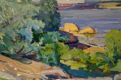 Vibrant impressionist oil painting by Kolosovsky Georgy Sergeevich, lush greenery and Dnieper waterway