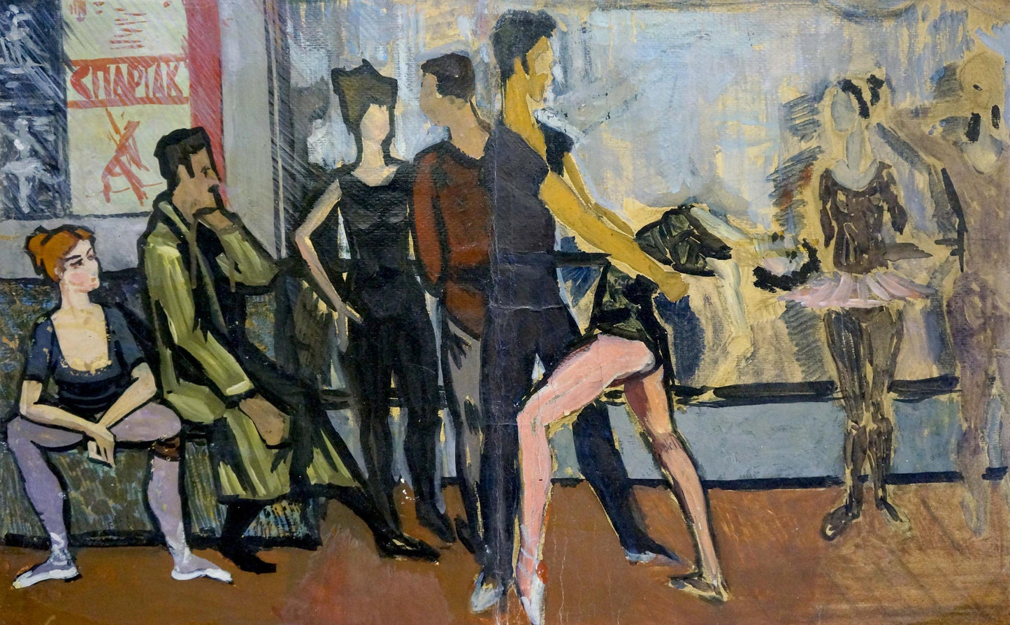 Vibrant impressionistic oil painting of ballet dancers in black pink costumes