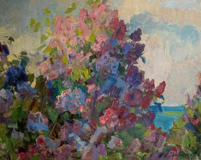 Vibrant impressionist oil painting of hydrangea blossoms by Naumova Tamara Sergeevna
