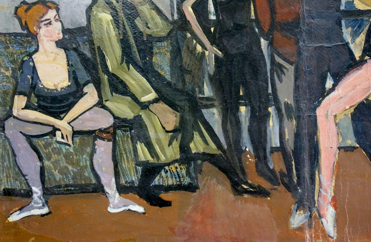 Oil painting Dance: woman with reddish-brown bun hair in blue top, purple tights on bench