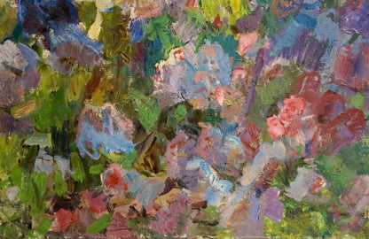Vibrant impressionist oil painting of tree blossoms by Naumova Tamara Sergeevna
