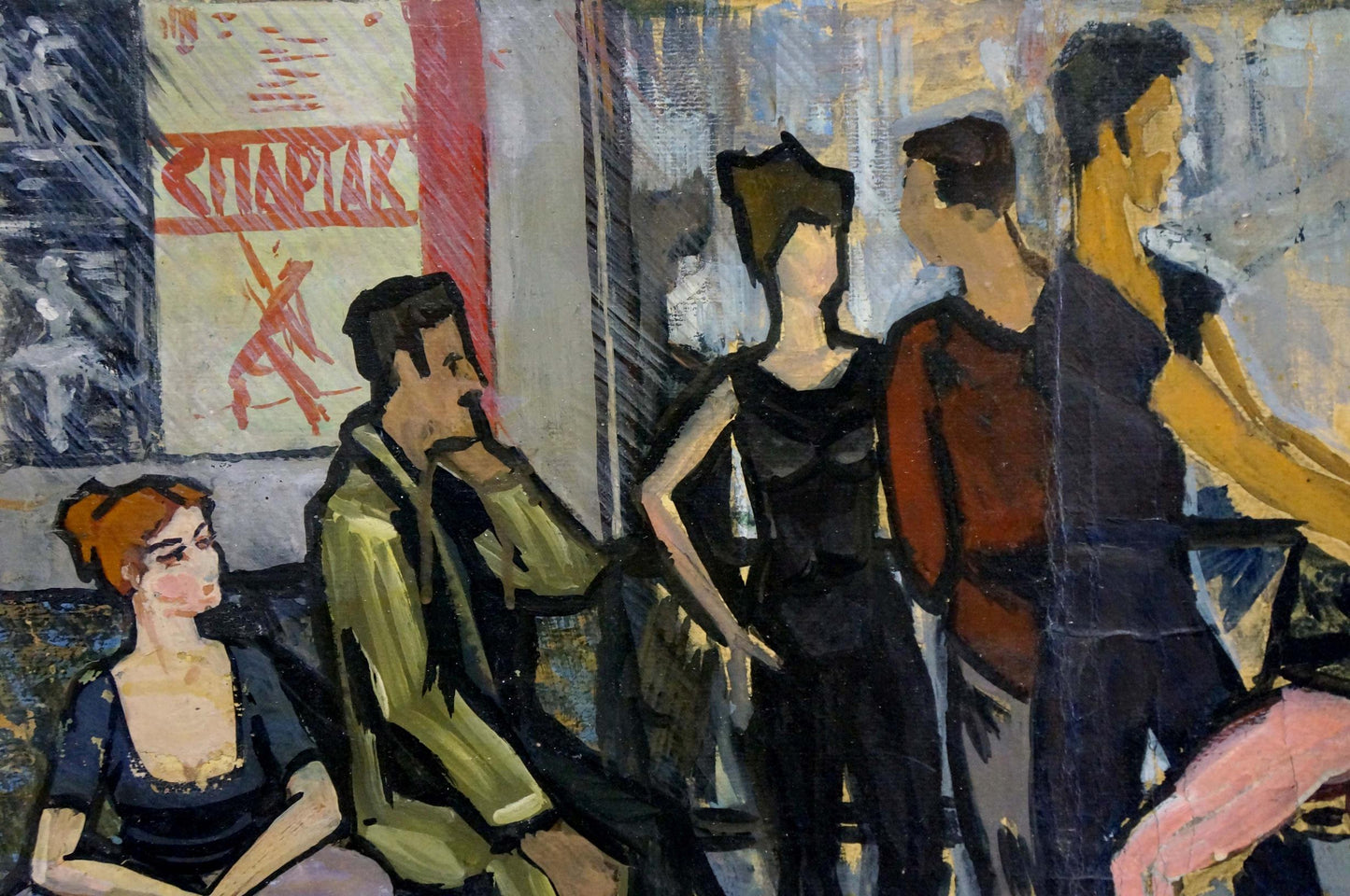 Oil painting Dance: abstract figures dancing in urban scene