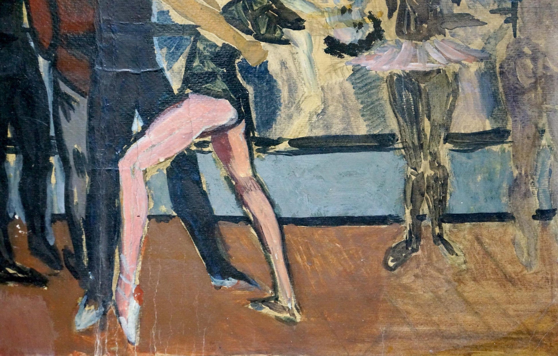 Pink ballet dancer leg in white pointe shoe oil painting on canvas