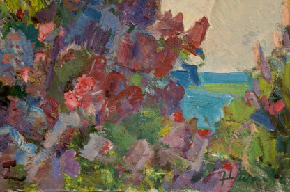 Vibrant impressionist oil painting of tree blossoms by Naumova Tamara Sergeevna
