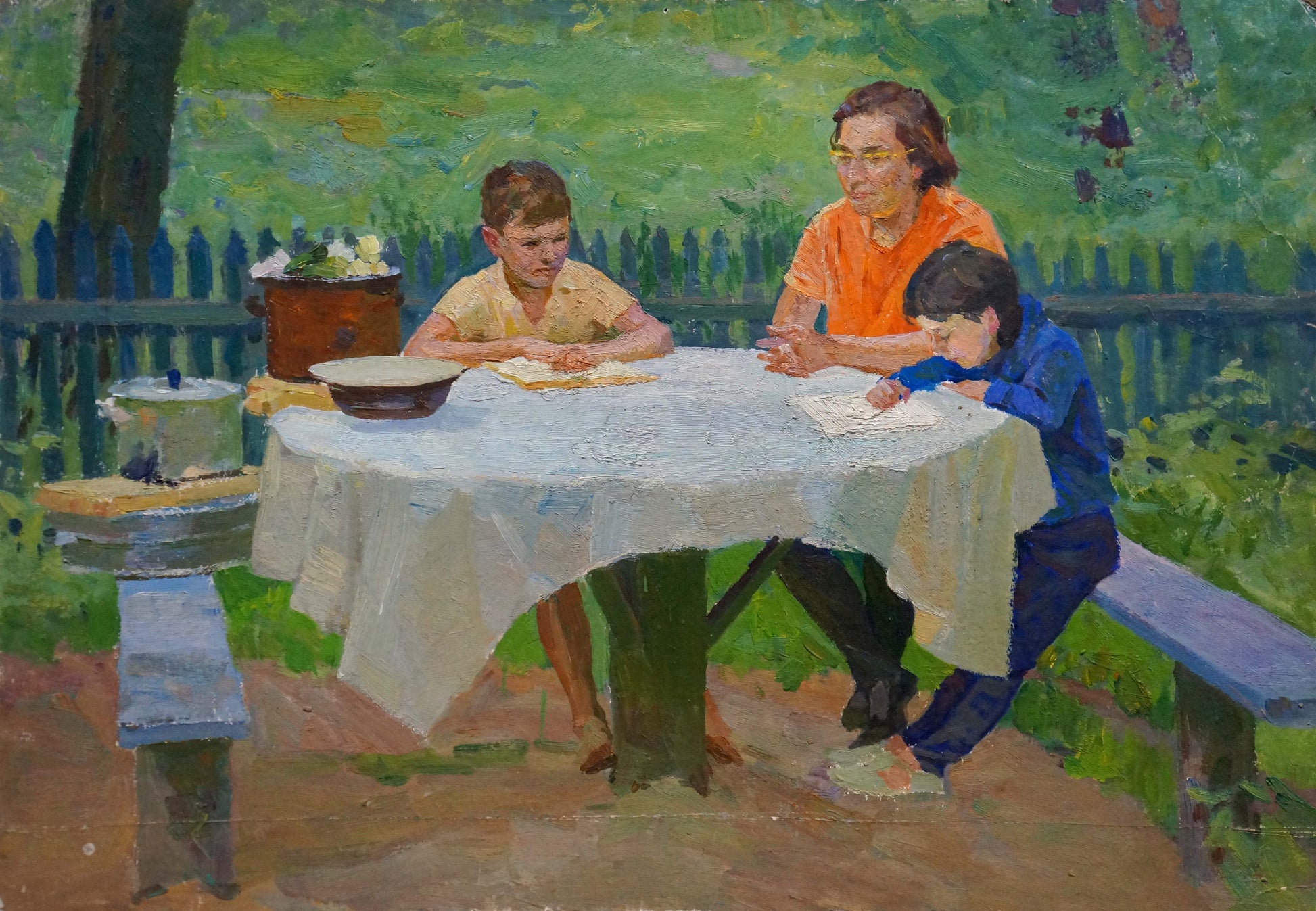 Oil painting Family at the table with round cloth-covered table