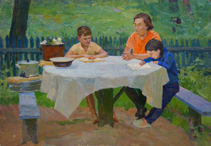 Oil painting Family at the table with round cloth-covered table