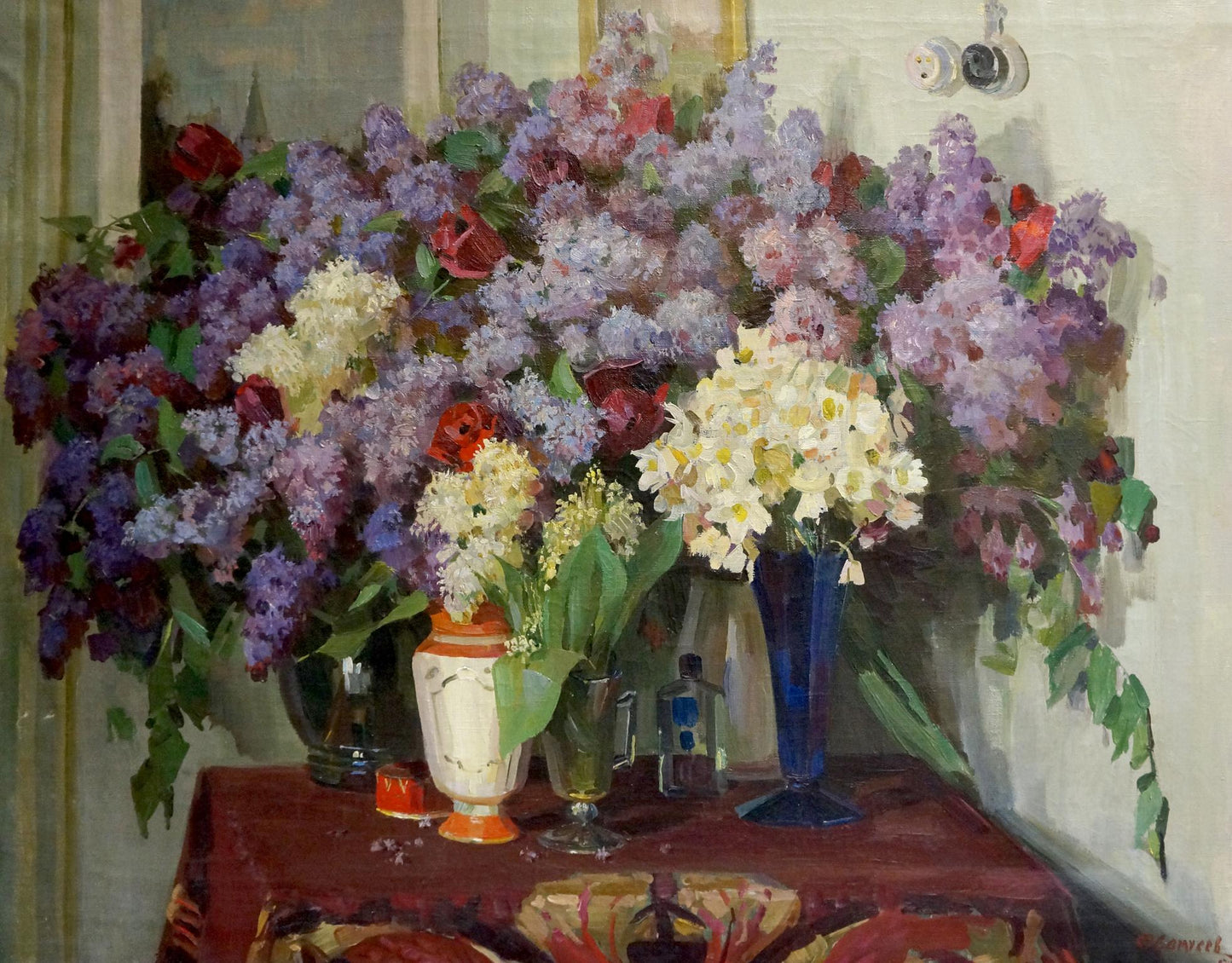 Oil painting of purple white red lilacs in blue vase by Samusev Fedor Afanasevich
