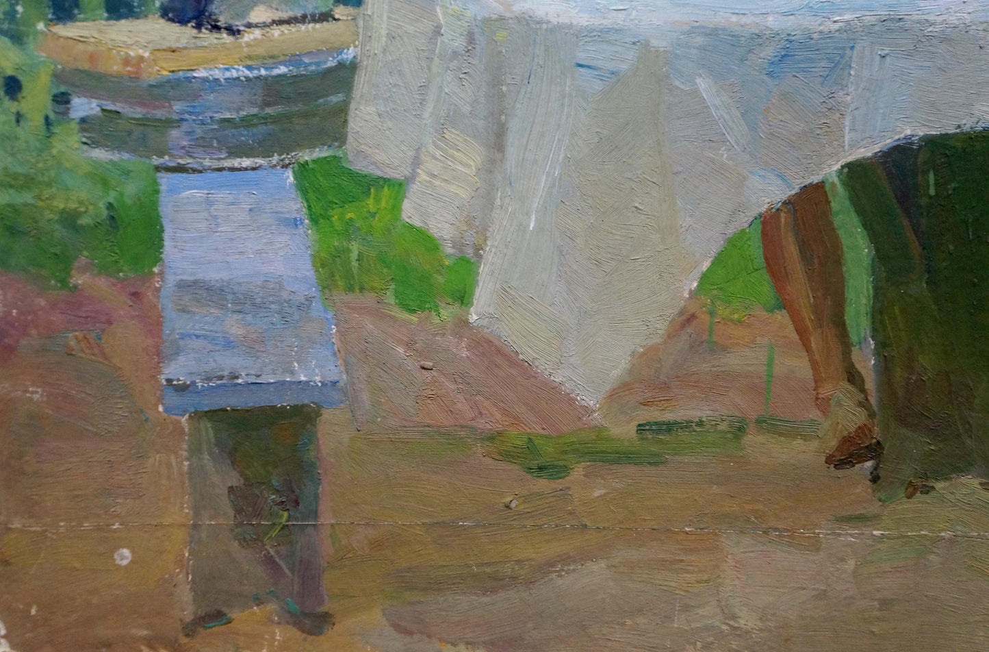 Impressionistic oil painting of family at table with textured light gray tablecloth