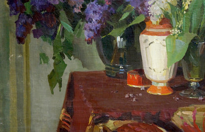 Oil painting Flowers by Samusev Fedor Afanasevich with lilac bouquet in cream vase