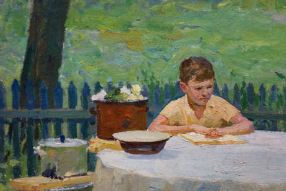 Oil painting of family at table with young boy in yellow shirt reading