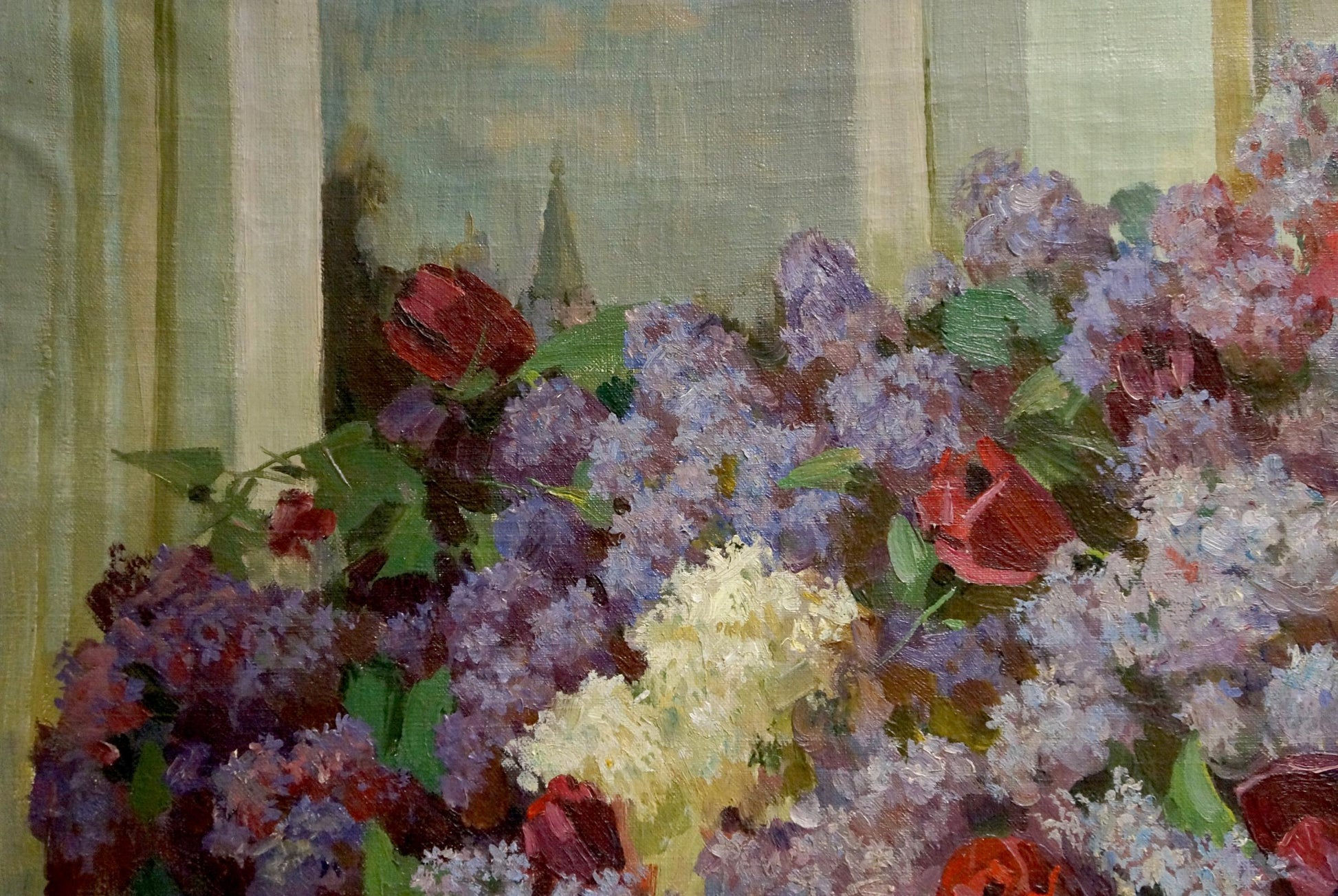 Oil painting by Samusev Fedor Afanasevich: lilacs and red roses on canvas