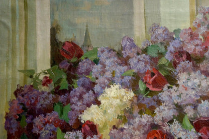 Oil painting by Samusev Fedor Afanasevich: lilacs and red roses on canvas