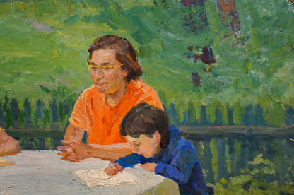 Oil painting of woman in orange shirt and yellow glasses with child at table
