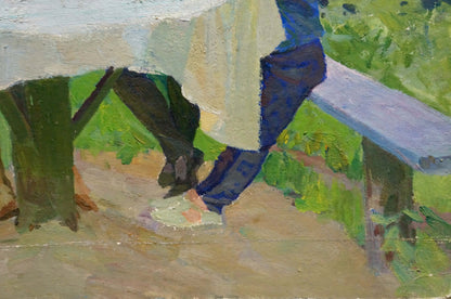Oil painting of family at table: person in dark blue pants on wooden bench