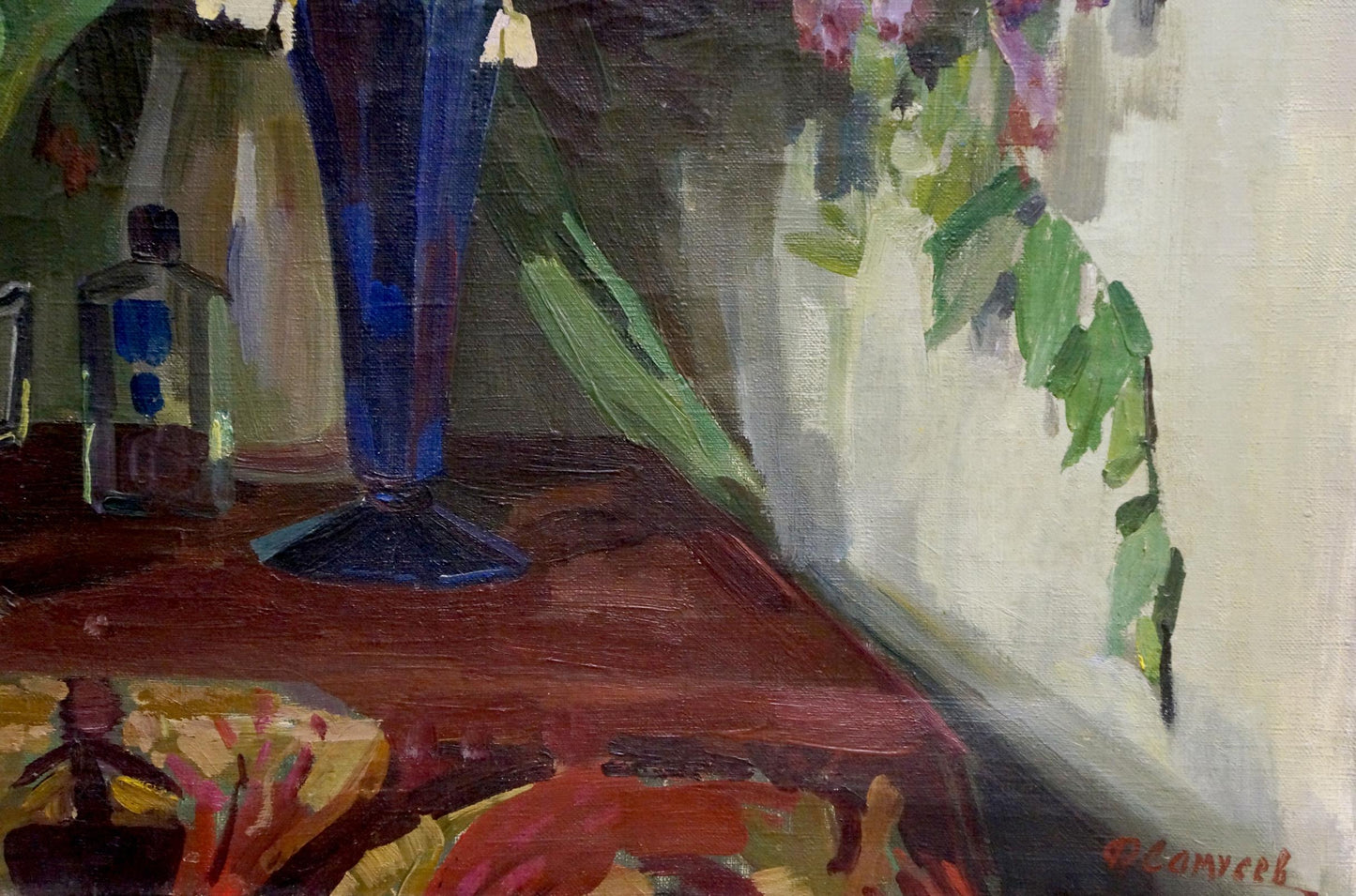 Oil painting of tall blue glass vase with flowers by Samusev Fedor Afanasevich