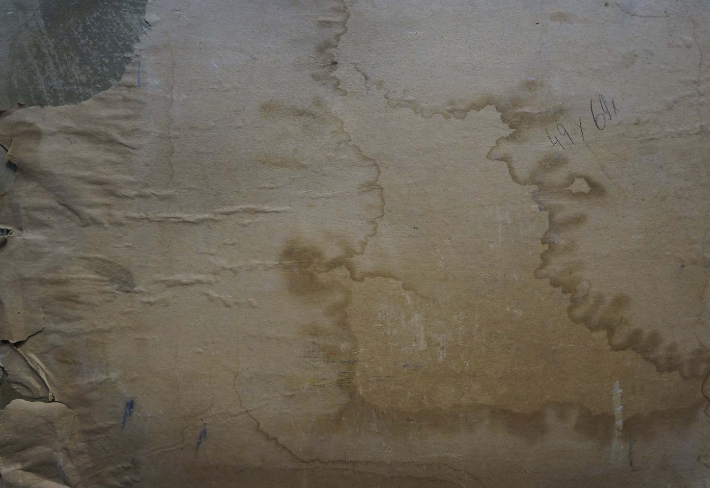 Back of Oil painting Family at the table with weathered beige cardboard, stains and cracks