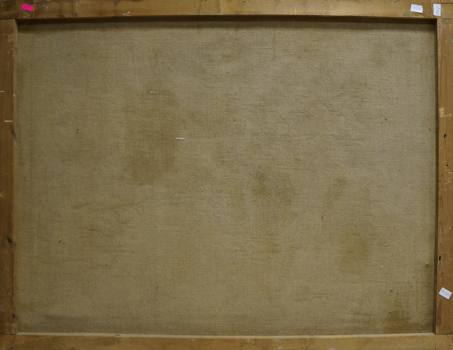 Back of wooden-framed canvas by Fedor Afanasevich Samusev, beige textured fabric