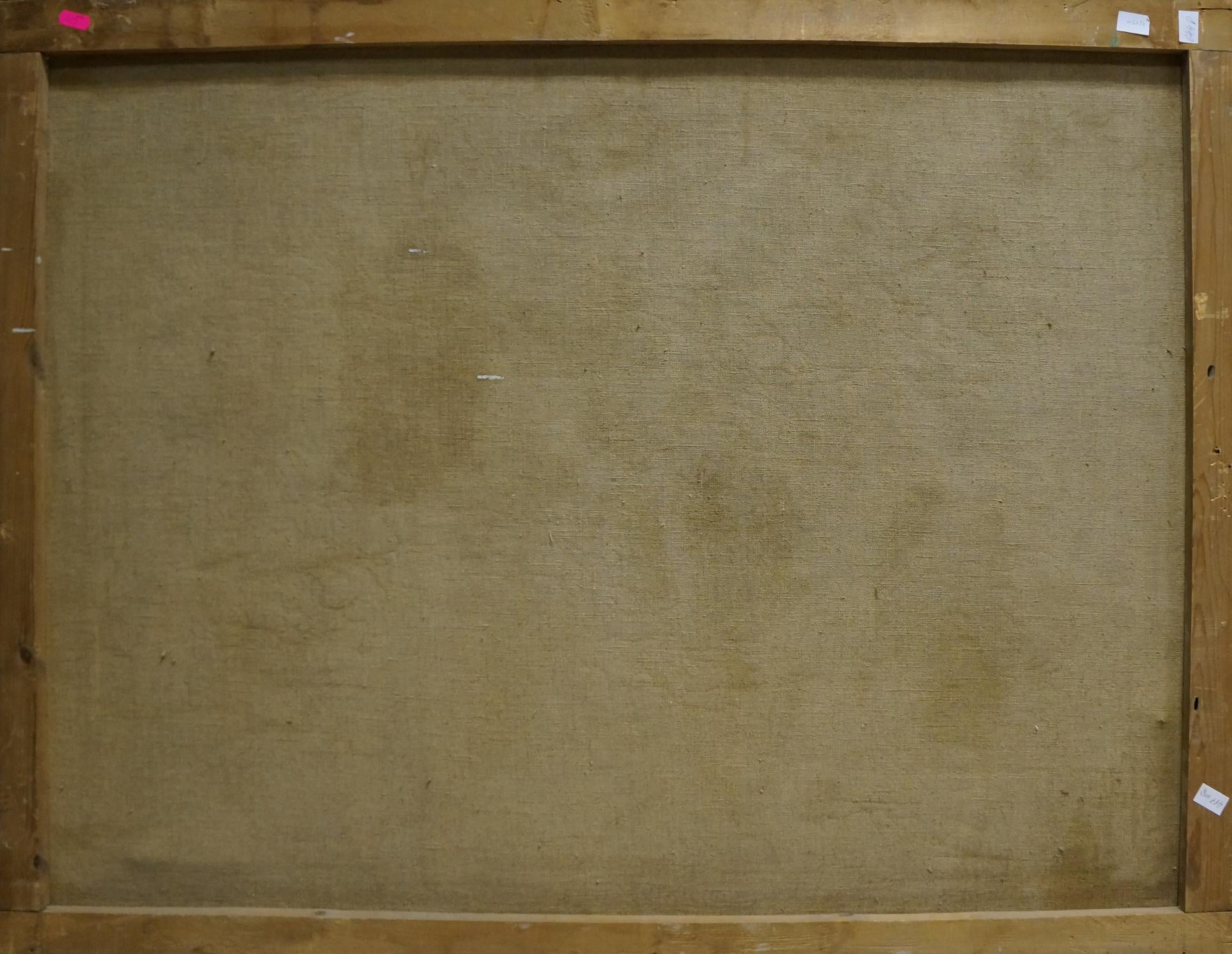 Back of wooden-framed canvas by Fedor Afanasevich Samusev, beige textured fabric