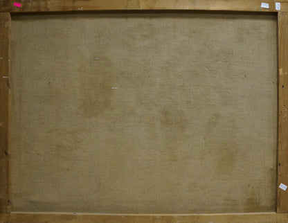 Back of wooden-framed canvas by Fedor Afanasevich Samusev, beige textured fabric