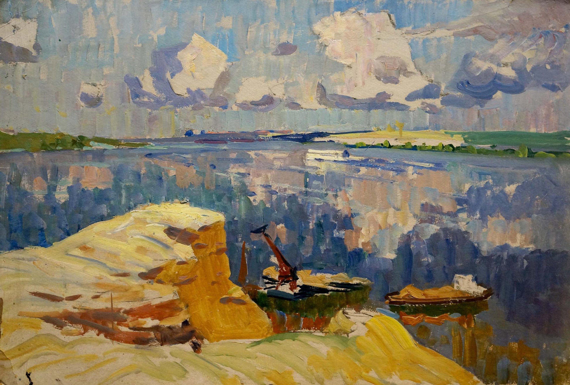 Vibrant impressionist oil painting of boats by cliff by Kolosovsky Georgy Sergeevich
