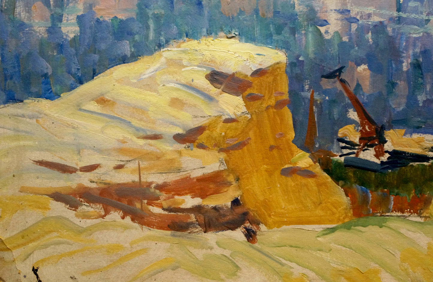 Oil painting of boats by vibrant yellow cliff by Kolosovsky Georgy Sergeevich