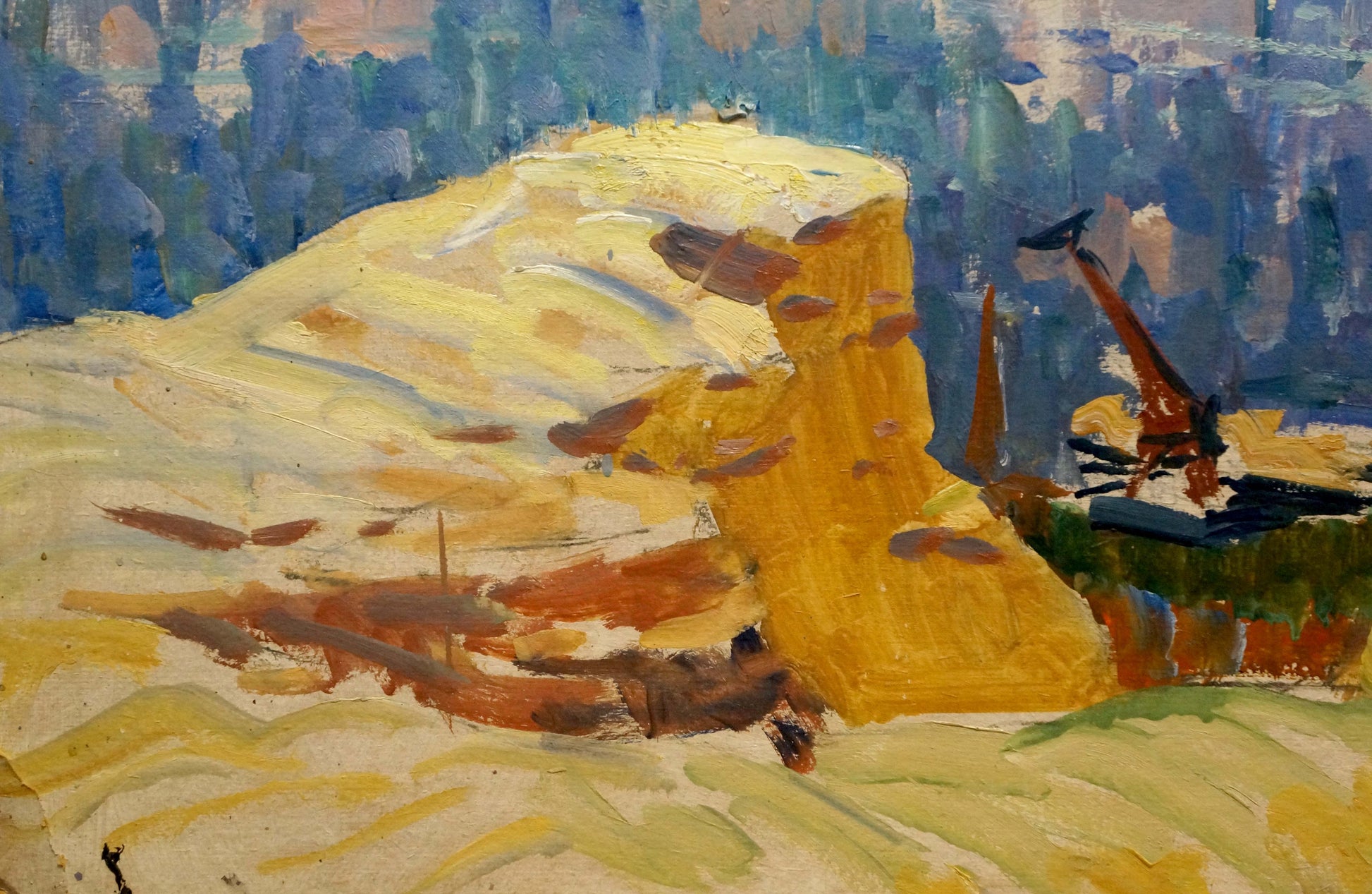 Oil painting of boats by vibrant yellow cliff by Kolosovsky Georgy Sergeevich