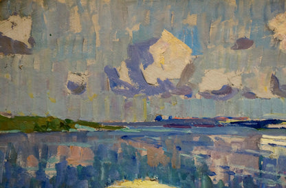 Impressionistic oil painting of boats by cliff by Kolosovsky Georgy Sergeevich
