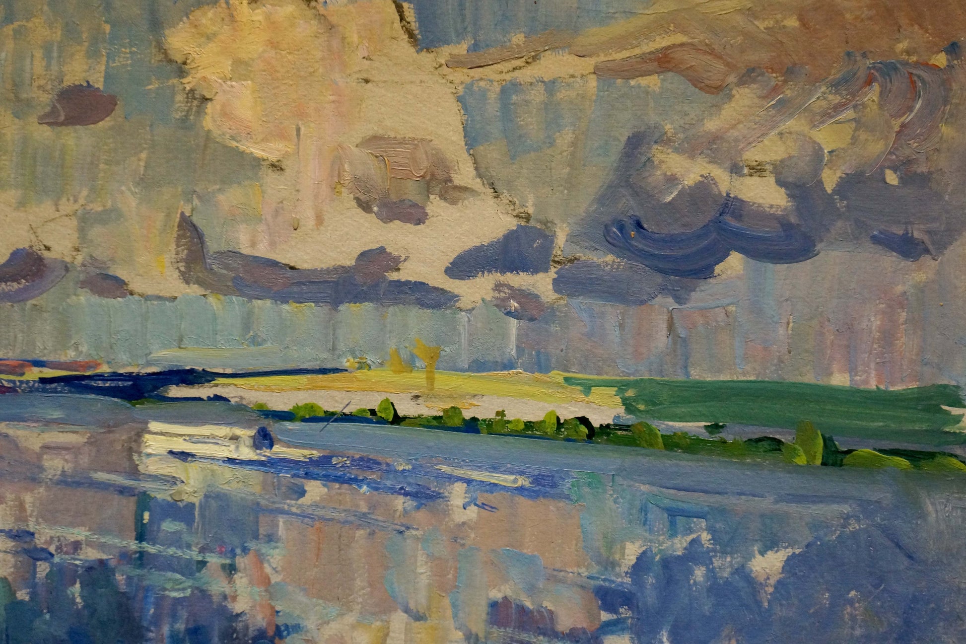 Impressionistic oil painting of boats by cliff by Kolosovsky Georgy Sergeevich
