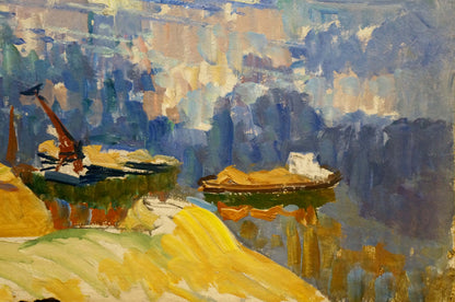 Vibrant impressionist oil painting of boats by the cliff by Kolosovsky Georgy Sergeevich