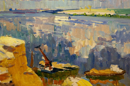 Vibrant impressionistic oil painting of boats by cliffs by Kolosovsky Georgy Sergeevich