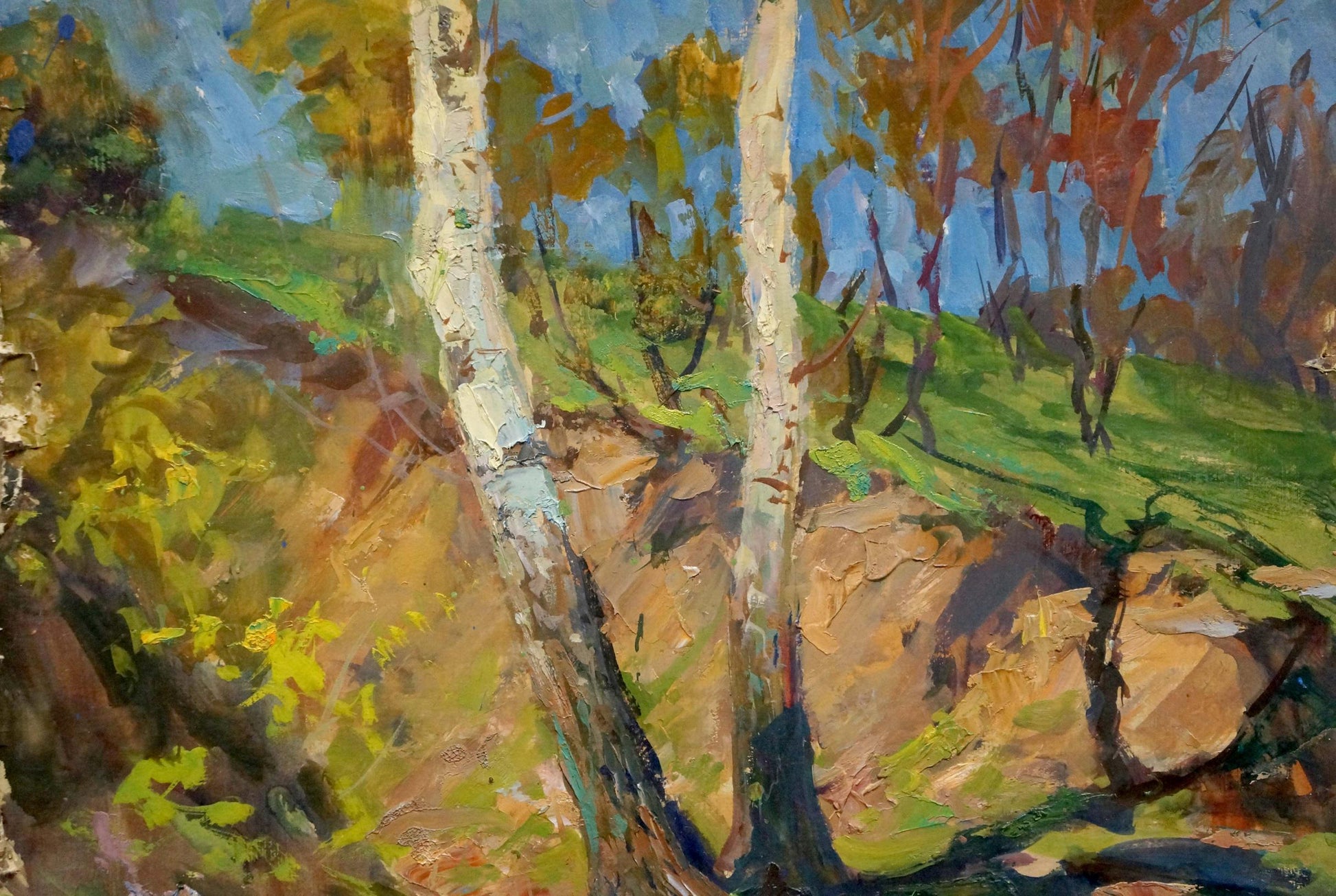 Vibrant impressionist oil painting by Kolosovsky Georgy Sergeevich of birch trees on sunlit hillside