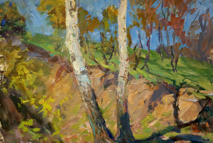 Vibrant impressionist oil painting by Kolosovsky Georgy Sergeevich of birch trees on sunlit hillside
