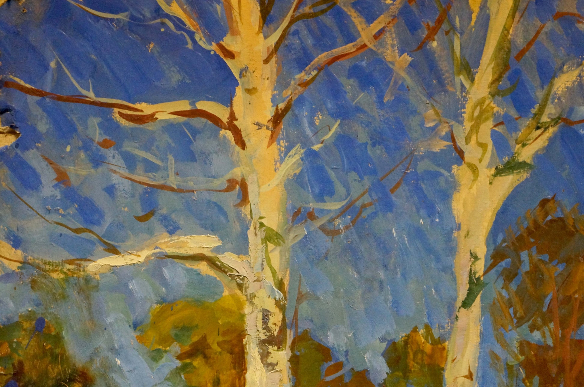 Vibrant impressionist oil painting by Kolosovsky Georgy Sergeevich: pale yellow birch trees against blue sky
