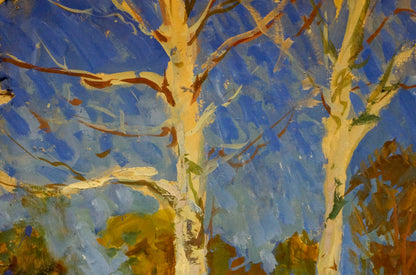 Vibrant impressionist oil painting by Kolosovsky Georgy Sergeevich: pale yellow birch trees against blue sky