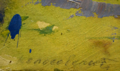 Oil painting In the woods by Kolosovsky Georgy Sergeevich, vibrant yellow textured canvas with blue green splatters