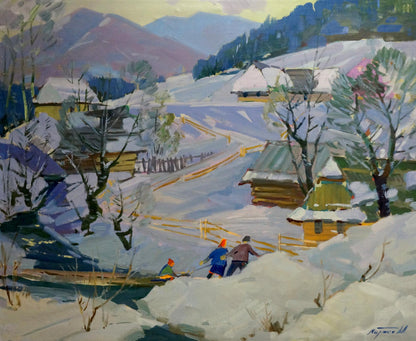 Oil painting of snow-covered village by Marton Adalbert Aleksandrovich