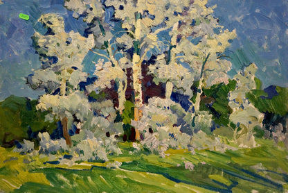 Vibrant impressionist oil painting of blossoming birch trees by Kolosovsky Georgy Sergeevich