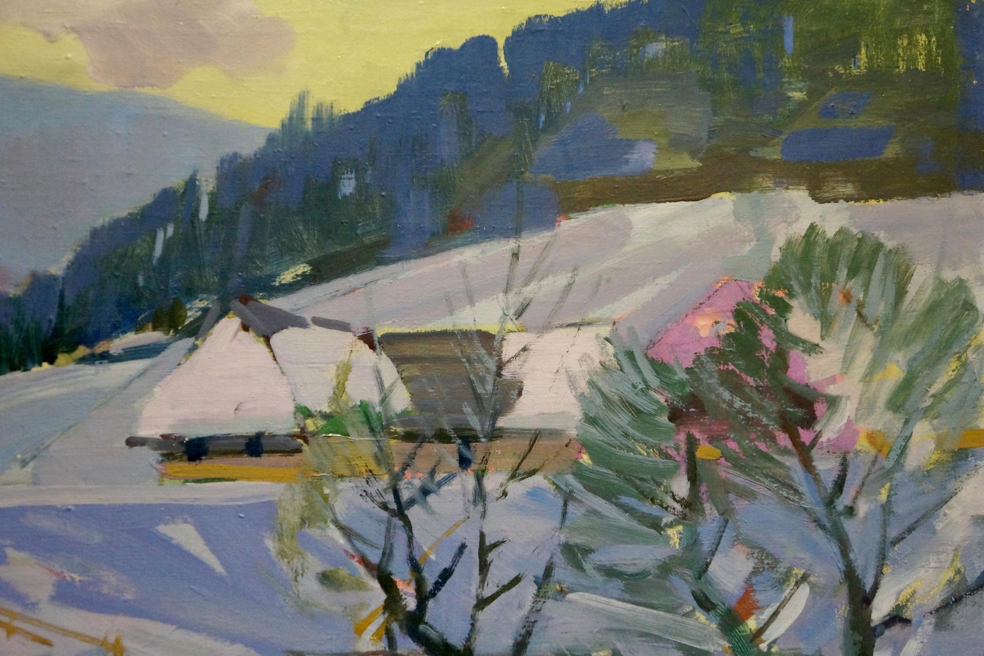 Oil painting of snow-covered houses in Marton village by Adalbert Aleksandrovich