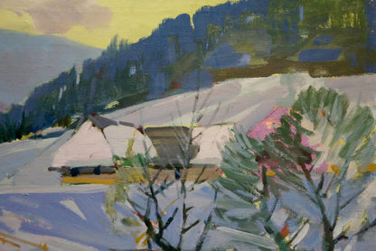 Oil painting of snow-covered houses in Marton village by Adalbert Aleksandrovich