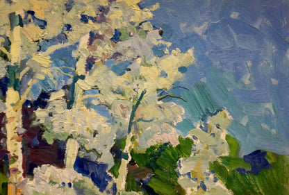 Vibrant impressionist oil painting of blossoming trees by Kolosovsky Georgy Sergeevich
