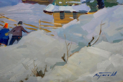 Oil painting by Marton Adalbert Aleksandrovich: snowy village landscape with yellow house