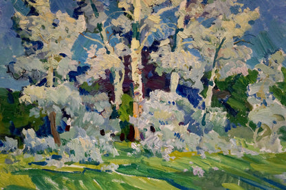 Vibrant impressionist oil painting of blossoming birch trees by Kolosovsky Georgy Sergeevich