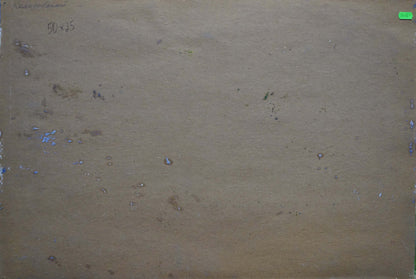 Back of beige canvas oil painting The trees have blossomed by Kolosovsky Georgy Sergeevich with paint splatters and handwritten dimensions