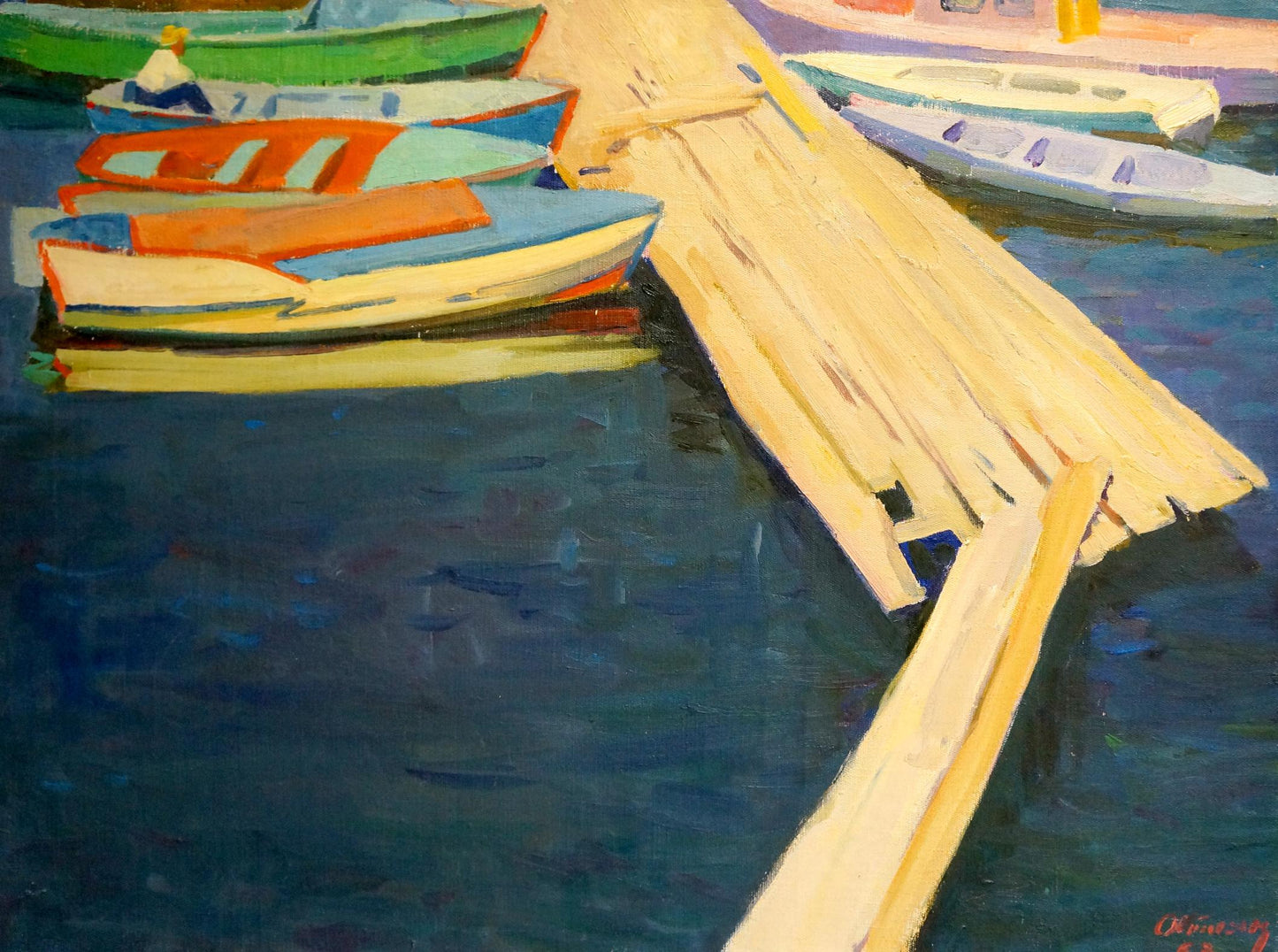 Oil painting by Atayan Armen Arshakovich: weathered dock, colorful boats in blue water