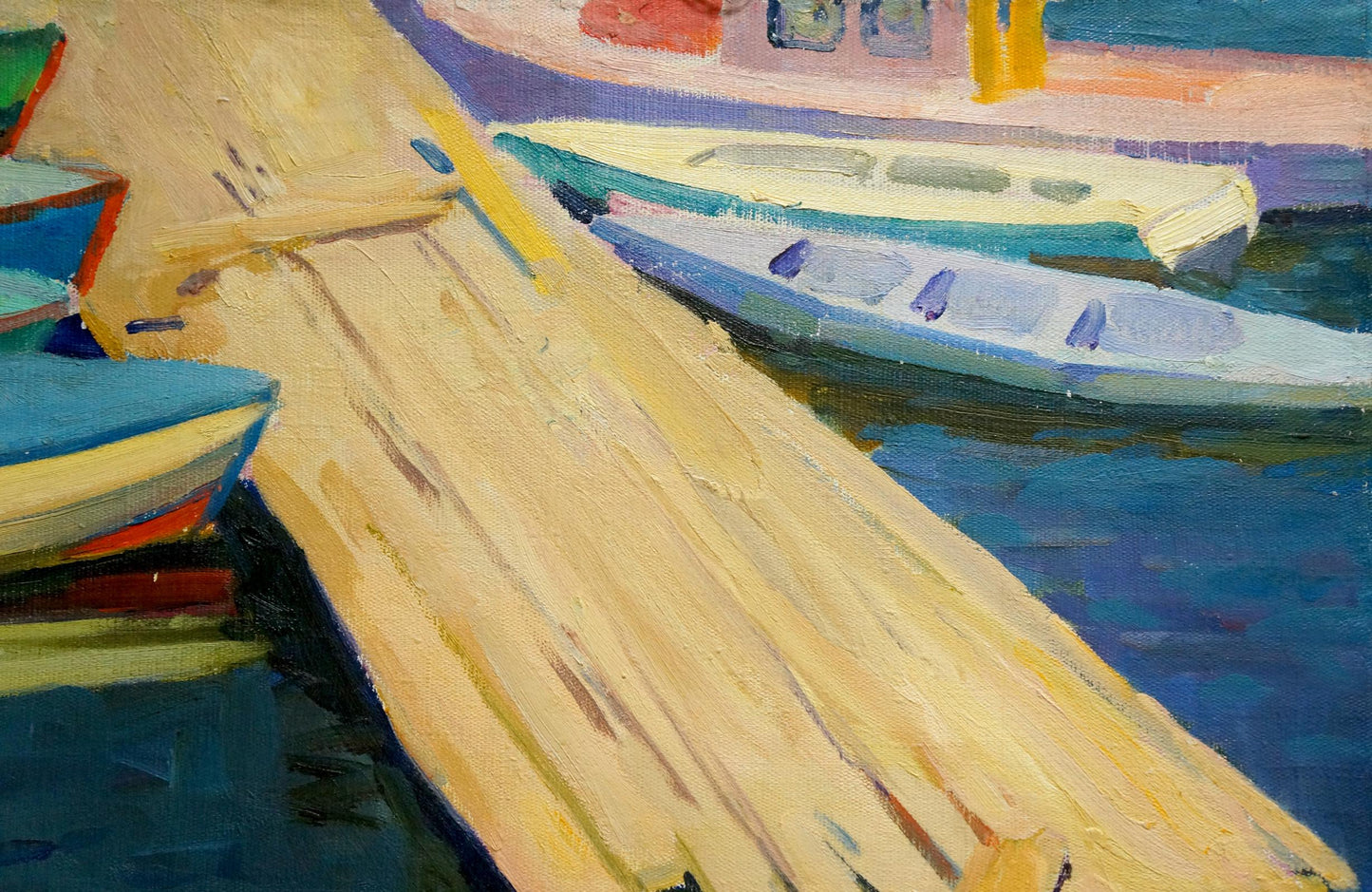 Oil painting of Ferry boats by Atayan Armen Arshakovich, warm dock to blue-green boats