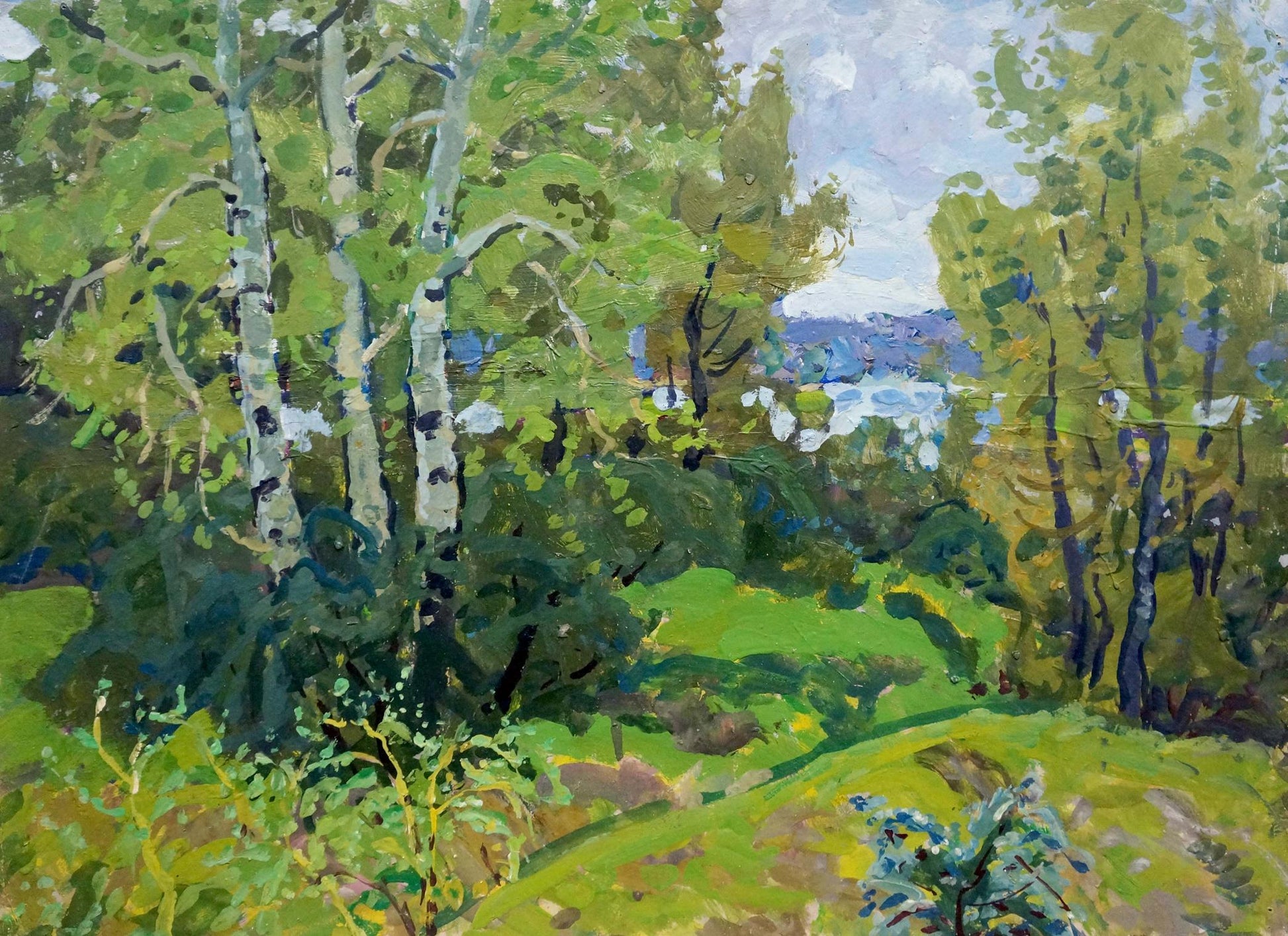 Vibrant impressionistic oil painting of sunlit birch grove by Kolosovsky Georgy Sergeevich