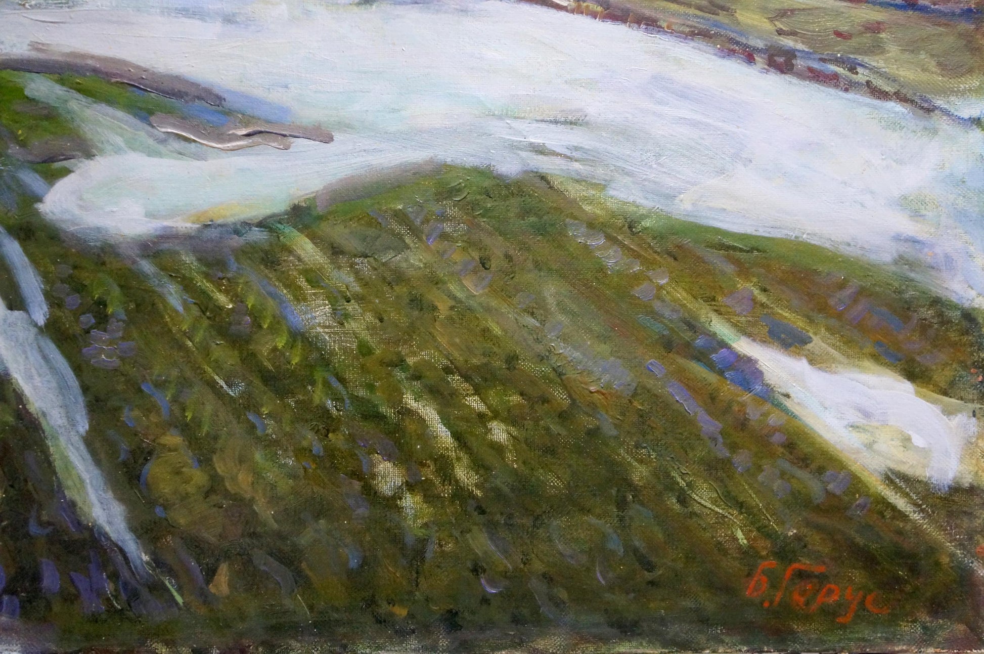 Oil painting Frozen field by Gerus Boris Stepanovich, green hills and snow
