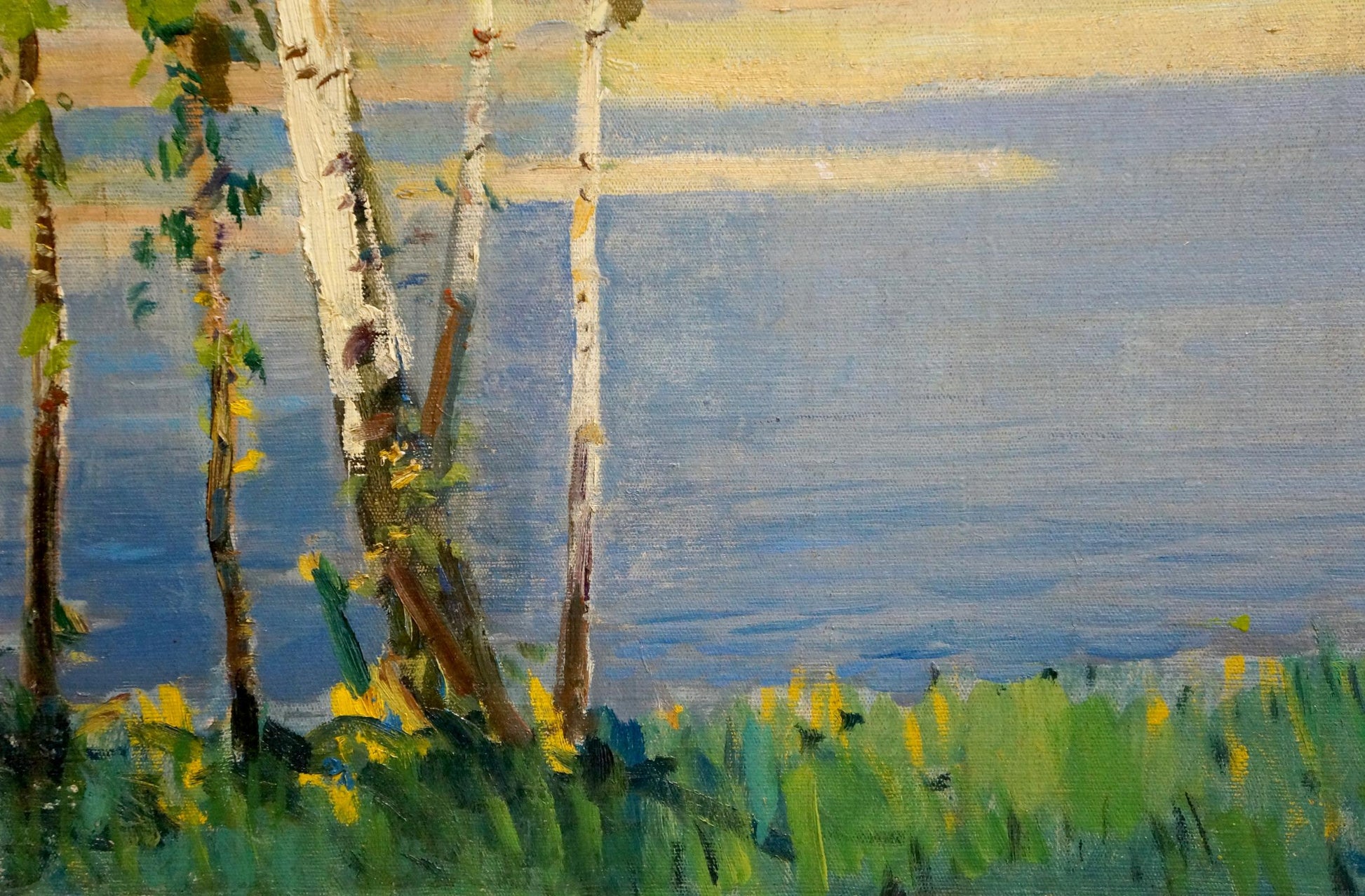 Serene impressionist oil painting of birches by river by Bezugly Daniil Ivanovich