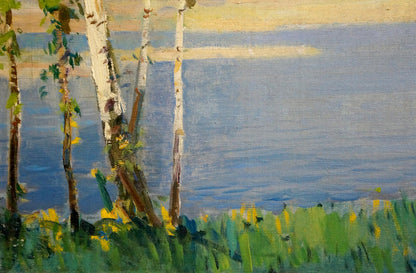 Serene impressionist oil painting of birches by river by Bezugly Daniil Ivanovich