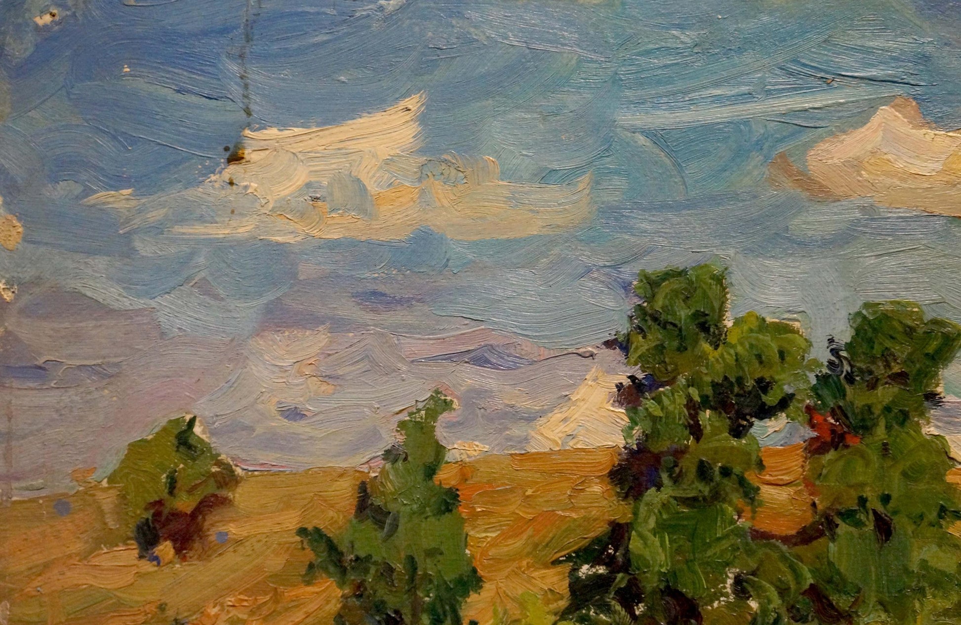 Vibrant impressionist oil painting by Kolosovsky Georgy Sergeevich with swirling sky over lush trees, golden field and river
